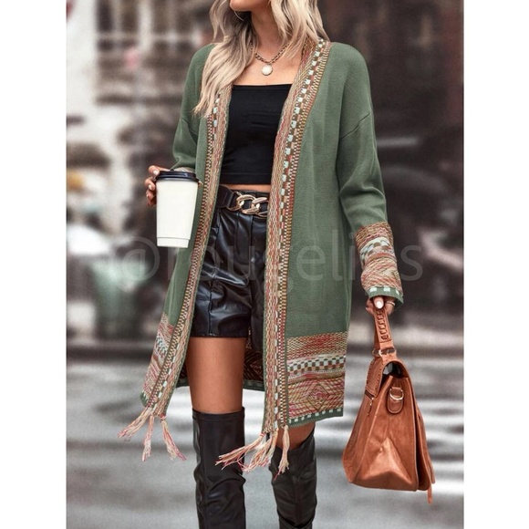 Rouge! Sweaters - Green Cardigan Aztec Western Bohemian Print Knit Long Sleeve